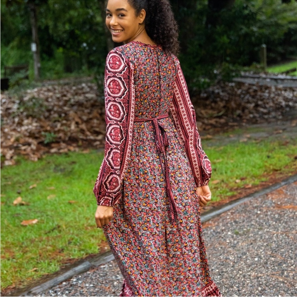 NATURAL LIFE - Burgundy Floral Maxi Dress with Pink Tassel (Large) - Picture 6 of 12